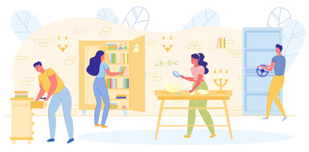 People in Quest Room Flat Cartoon Vector Illustration. Men and Women Solving Riddles and Puzzles. Standing with Magnifier, Keys. Escape Concept. Researching Bookshelf, Table and Safe.のイラスト素材