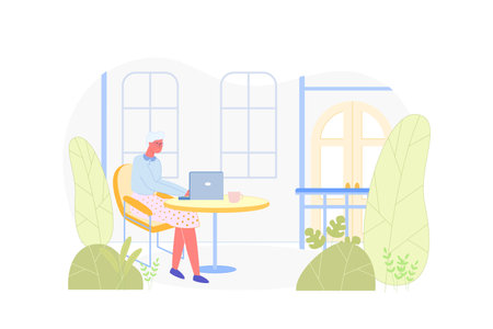 Senior Old Woman Work on Laptop. Elderly Lady with Computer and Cup of Tea Sitting at Table on House Terrace. Seniors and Technology. Retired People and Social Media Communication. Vector Illustrationのイラスト素材