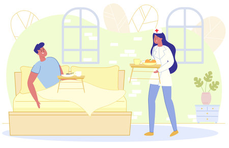 Nurse Bringing Tray with Food for Ill Patient Flat Cartoon Vector Illustration. Sick Man with Lying in Bed. Modern Medical Assistance and Healthcare. Taking Care in Hospital or at Home.のイラスト素材
