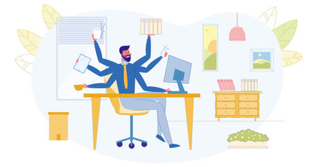 Multitasking Work in Office, Busy Businessman, Effective Workflow Flat Vector Concept. Successful Entrepreneur Working on Many Tasks at Same Time, Calling on Phone, Mailing Online, Eating Illustration