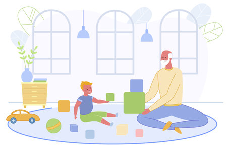 Grandfather Playing with Little Grandson. Senior White Haired Man Sitting on Floor Building Construction of Cube Blocks with Little Baby Boy Family Generation Relation Cartoon Flat Vector Illustrationのイラスト素材