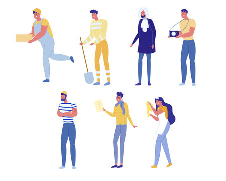 Professional Activities Set Isolated on White Background. Builders with Brick and Shovel, Judge in Wig and Mantle, Photographer with Camera, Sailor, Designer Cleaner. Cartoon Flat Vector Illustrationのイラスト素材