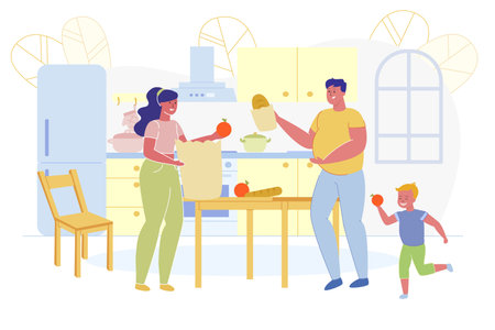 Informational Banner, Family Unpacks Purchases. Parents have Fun with their Son. At Home they get Purchases from Bags. Kitchen is in Pleasant Shades, there is Dining Table and all Kitchen Furnitureのイラスト素材