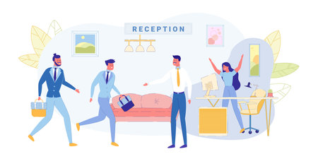 Meeting at Reception Business Company, Banner. Girl Secretary Jumped up and Joyfully Raised her Hands up, her Boss Meets Men in Business Suits with Briefcases in their Hands in Office Lobby.のイラスト素材