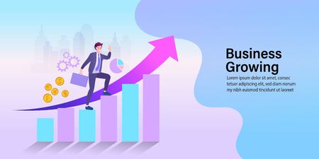 Businessman walking on stair. Graph to success. Man in a suit with a suitcase. Business growing. Vector flat design.のイラスト素材