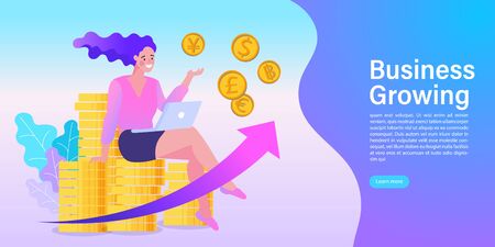 Woman using computer app for online banking and business growing. A girl sitting on stacked coins. Savings or income increase, growth. Flat design vector illustrationのイラスト素材