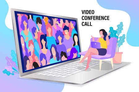 vector employee talk on video call on laptop with diverse colleagues. video conferencing at home woman having video call meeting with clients at home.のイラスト素材