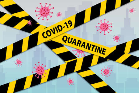 Warning coronavirus quarantine banner with yellow and black stripes. Virus Covid-19 concept. city...