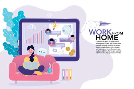 vector employee talk on video call on laptop with diverse colleagues. video conferencing at home woman having video call meeting with clients at home.のイラスト素材