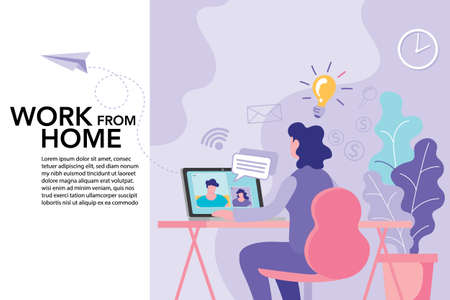 vector employee talk on video call on laptop with diverse colleagues. video conferencing at home woman having video call meeting with clients at home.のイラスト素材