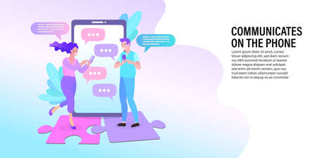 man and woman using mobile phone chatting together social. Social Distancing with COVID-19 crisis concept. Minimal modern design illustrator vector.のイラスト素材
