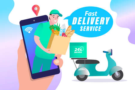 Food and fast food delivery online on smartphone business concept design vector illustration. E-commerce. quick shipping a parcel around city by motorcycle staff.のイラスト素材