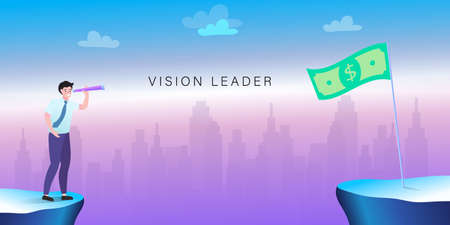 A business man standing on a mountain with a camera looking at the target. Success, achievement, business vision career goal. Flat vector illustration.のイラスト素材