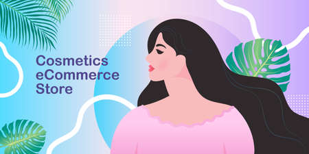 vector illustration of a portrait of a beautiful girl with a nature. cute card, banner, poster for cosmetics online.のイラスト素材