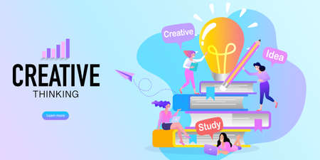 Creative thinking. Cartoon stack books with lamp idea. Vector illustration for education design.のイラスト素材