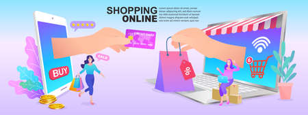 Online Delivery Service flat design banner. digital marketing concept. creative website template, Vector illustration.のイラスト素材