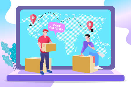 Online fast delivery services with map navigation on laptop concept. landing page, template, ui, web, mobile app, Flat vector style.のイラスト素材