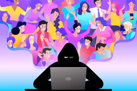 Humans in a separate hood on many people's pictures as a background. Hacker at laptop icon. Flat illustration of hacker at laptop vector.のイラスト素材