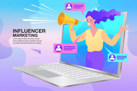 woman holding a megaphone. influencer marketing concept - blogger promotion services and goods for her followers online. Vector illustration in flat simple style.のイラスト素材