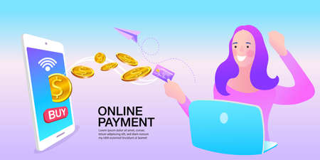 Women are happy when customers order products by credit card. Delivery service concept. woman check order from laptop. shopping online e-commerce.のイラスト素材