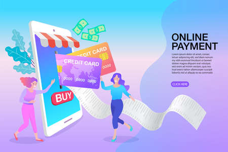 Woman with credit cards and bag from the store. Pretty young woman. Flat vector illustration.のイラスト素材