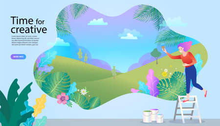 Young beautiful woman painting the wall. Vector illustration of a nice girl on a stepladder decorating.のイラスト素材