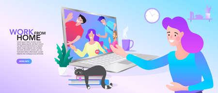 Online work from home meeting. Vector Illustrations flat design concept video conference.