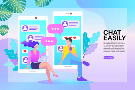 Online chat woman. social network concept. Chat easily landing page website. illustration vector flat design.のイラスト素材