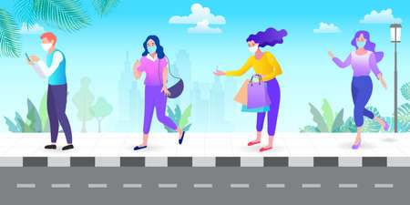 People wearing mask and keep social distancing to avoid the spread of COVID-19. city street view. Concept of coronavirus quarantine vector illustration.のイラスト素材