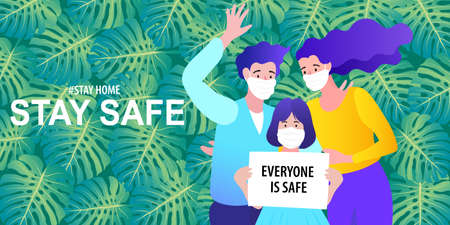 family smiling and staying together. Stay home, Stay safe concept. Save lives vector design sign concept. Stop Covid-19 Coronavirus. Trendy flat vector illustration.のイラスト素材
