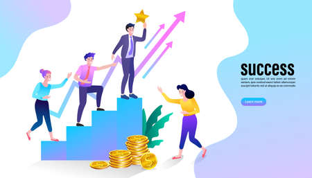 Successful business people hold gold trophies on gold coins. Winning of competition. Vector...