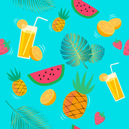 Seamless pattern with pineapples and juicy strawberries on green background. Fruit mix design for fabric and decor. Bright summer fruits illustration.のイラスト素材