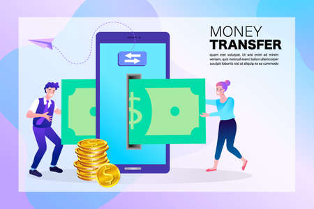 Sending and Receiving Money by Smartphone. Money Transfer and Payment Transaction in Online Banking Mobile App. Vector Illustration.のイラスト素材