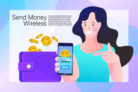 People sending and receiving money. Transfer money from wallet to smartphone. Woman using their phones as electronic wallets. Flat vector illustration.のイラスト素材
