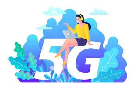 5G network wireless technology vector illustration. Small characters near big 5G sign. Flat cartoon style.のイラスト素材