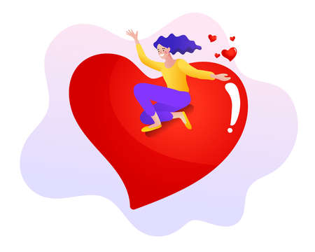 Valentines day woman holding red heart balloon. Happy couple in love holding red heart shape. vector illustrationのイラスト素材