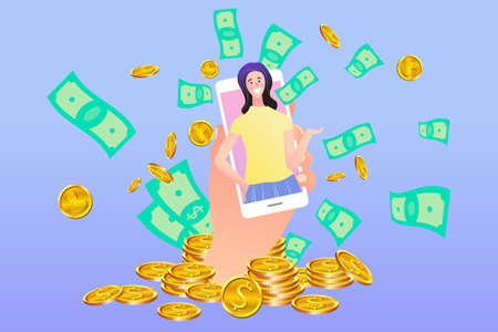 People sending and receiving money. Mobile shopping concept. happy man gets money and reward online. Online money payment transfer illustration vector.のイラスト素材