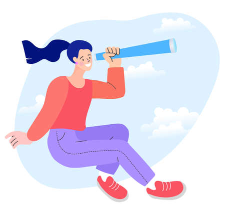 Woman looking through binoculars. Business metaphore for search or research. flat vector illustration concept of digital data on computer. Searching for employee for business team.のイラスト素材