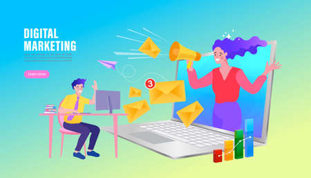 E-mail marketing concepts. Newsletter. mail notification. Social network. Businesswoman vector illustration.のイラスト素材