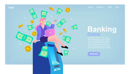 A female customer standing near an ATM. Vector illustration, perform financial transactions using ATM. online banking and payment concept. money transfers. Falling Money on the laptop. vectorのイラスト素材