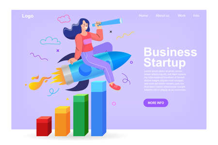 Young business woman with rocket on a purple background. Business concept career boost, start up and growth. Launching of a new company. Boosting business idea. vector illustration.のイラスト素材