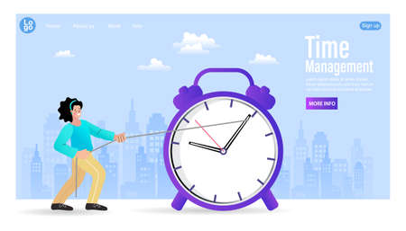 Man leaning on big watch. Concept of time management. topic of time management, spending time on gadgets. Vector illustration flat.のイラスト素材