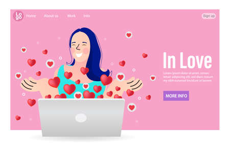 Young woman receiving love on laptop with heart. Woman looking for love online. Blogger person doing modern laptop review. Video review concept. Flat vector character illustrationのイラスト素材