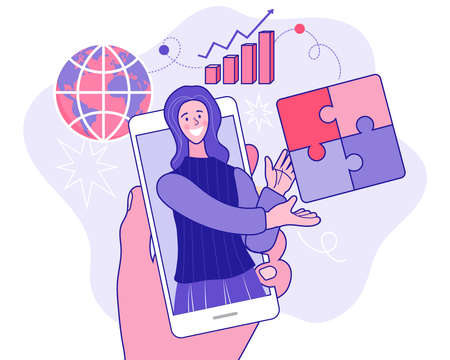 Business people assembling jigsaw puzzle and represent team support. Concept of teamwork, business cooperation, collective project work. Modern flat colorful vector illustration.のイラスト素材