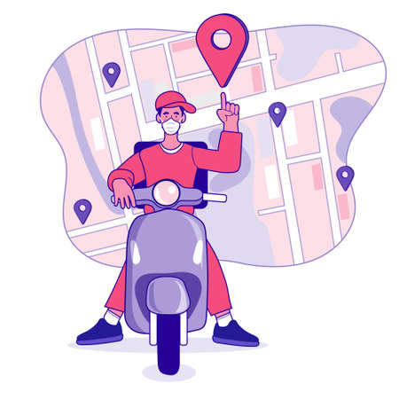 Ecommerce concept. Online shopping. Online delivery service concept. Fast delivery by scooter via mobile phone. Man riding scooter. Vector illustrationのイラスト素材