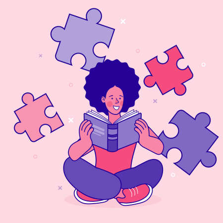 A teenage girl reading a big book. World book reading or literacy day banner. Book market or fair concept. Online reading. Back to school. College and university concept vector illustration.のイラスト素材