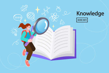 A teenage girl reading a big book. World book reading or literacy day banner. Book market or fair concept. Online reading. Back to school. College and university concept vector illustration.のイラスト素材