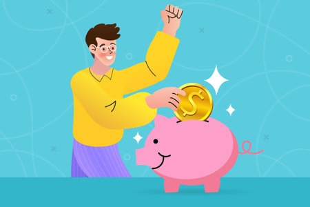 Happy man with piggy bank and coin. Vector flat cartoon illustrationのイラスト素材