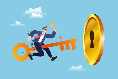 Happy businessman riding a large golden key flying towards a coin with a keyhole. Vector illustration about finding the key to financial success and unlocking wealth opportunities.のイラスト素材