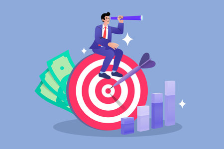 A professional man in a business suit sitting on a large red and white target, looking through a telescope with a bar graph and money in the background, representing vision,のイラスト素材